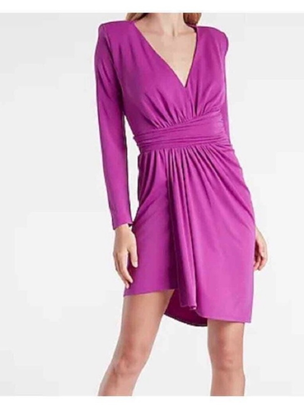 NWT Express Strong Shoulder Magenta V-Neck Long-Sleeve Ruched Waist Dress